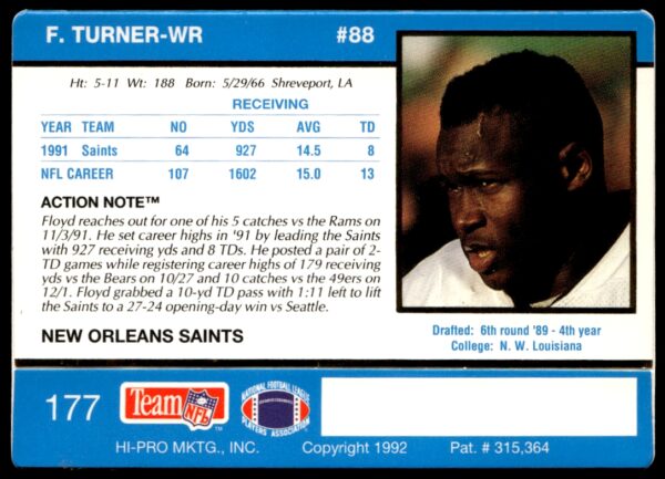 1992 Action Packed Floyd Turner #177 (Back)