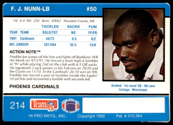 1992 Action Packed Freddie Joe Nunn #214 (Back)