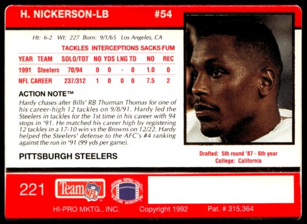 1992 Action Packed Hardy Nickerson #221 (Back)