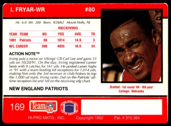 1992 Action Packed Irving Fryar #169 (Back)