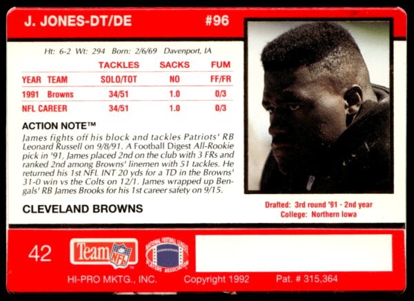 1992 Action Packed James Jones #42 (Back)