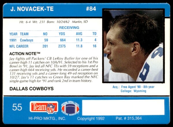 1992 Action Packed Jay Novacek #55 (Back)