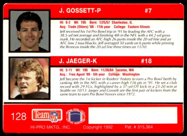 1992 Action Packed Jeff Gossett / Jeff Jaeger #128 (Back)