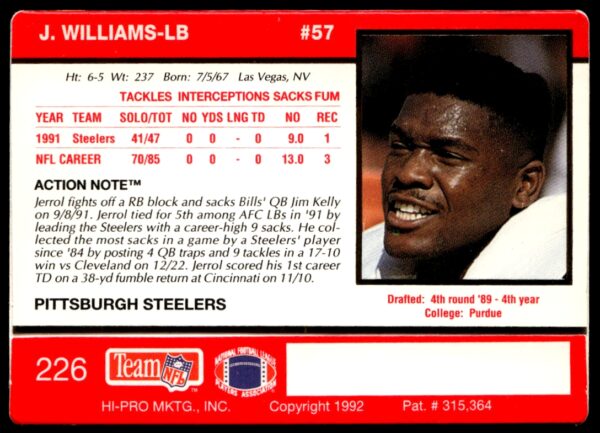 1992 Action Packed Jerrol Williams #226 (Back)