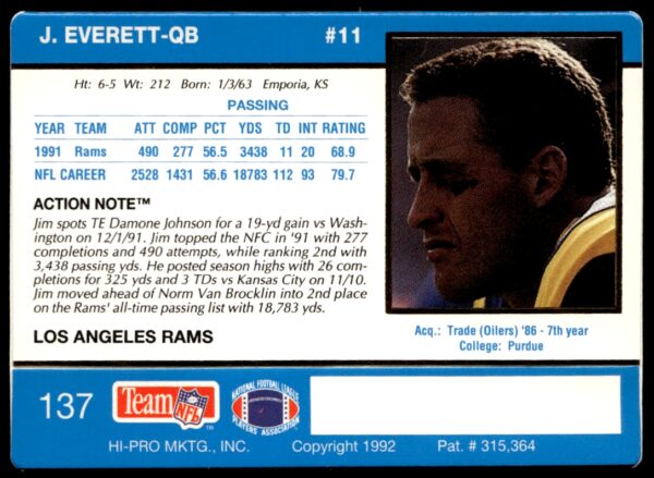 1992 Action Packed Jim Everett #137 (Back)