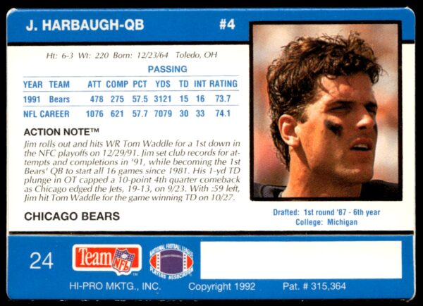 1992 Action Packed Jim Harbaugh #24 (Back)