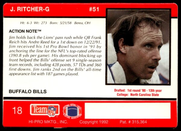 1992 Action Packed Jim Ritcher #18 (Back)