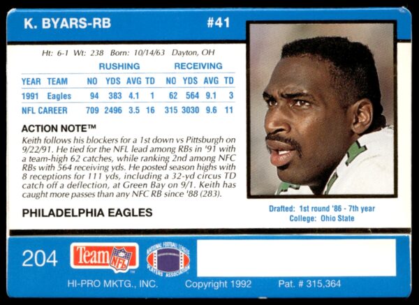 1992 Action Packed Keith Byars #204 (Back)