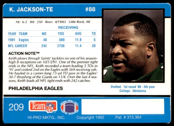 1992 Action Packed Keith Jackson #209 (Back)