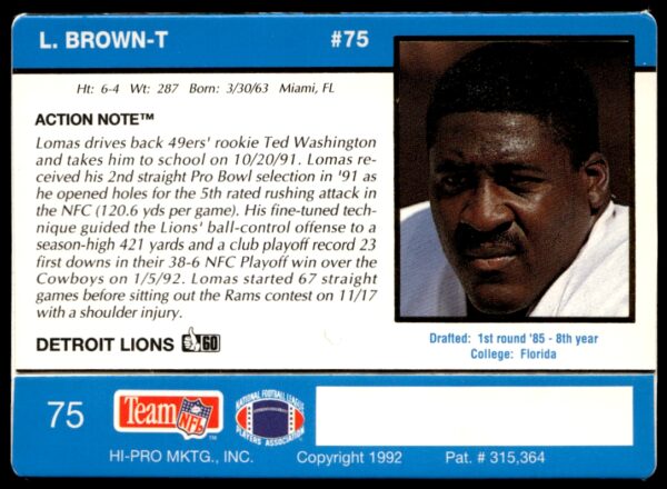 1992 Action Packed Lomas Brown #75 (Back)