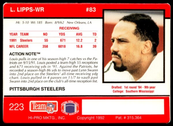 1992 Action Packed Louis Lipps #223 (Back)