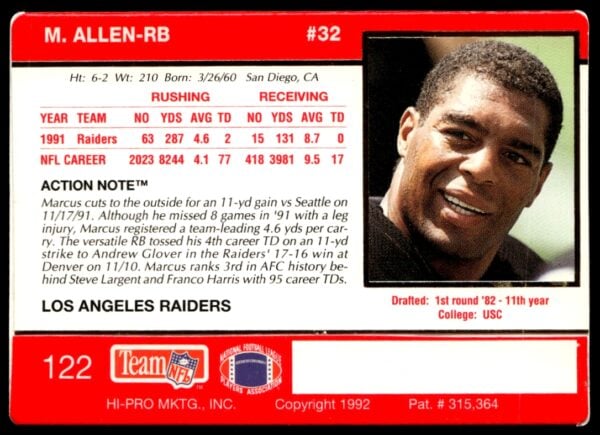 1992 Action Packed Marcus Allen #122 (Back)