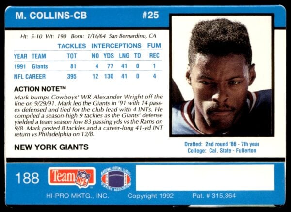 1992 Action Packed Mark Collins #188 (Back)