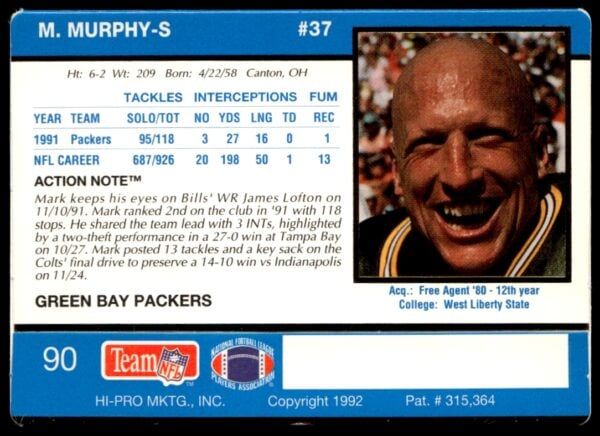 1992 Action Packed Mark Murphy #90 (Back)