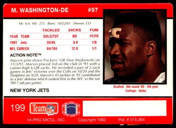 1992 Action Packed Marvin Washington #199 (Back)