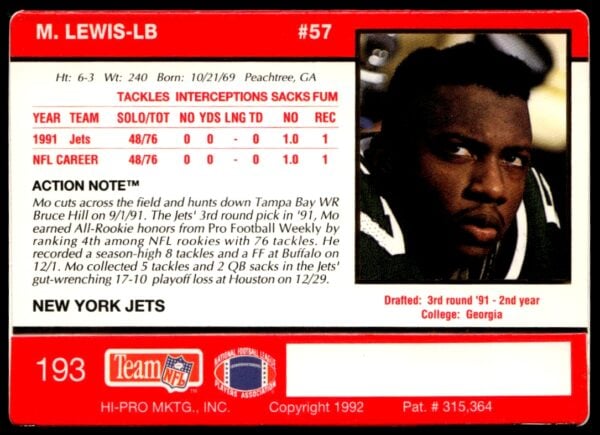 1992 Action Packed Mo Lewis #193 (Back)