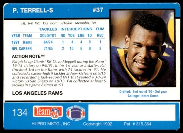 1992 Action Packed Pat Terrell #134 (Back)