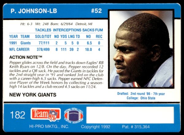 1992 Action Packed Pepper Johnson #182 (Back)