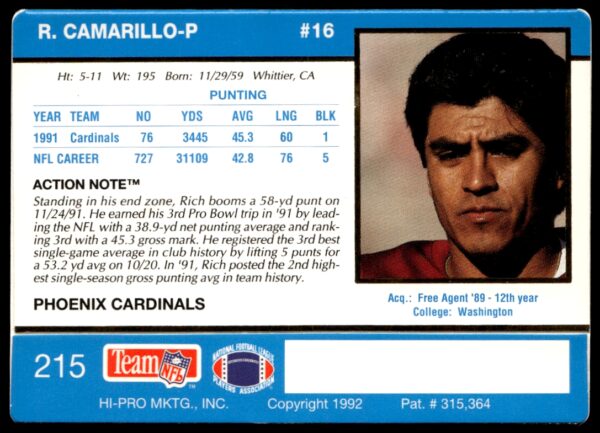1992 Action Packed Rich Camarillo #215 (Back)