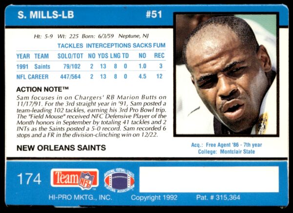 1992 Action Packed Sam Mills #174 (Back)