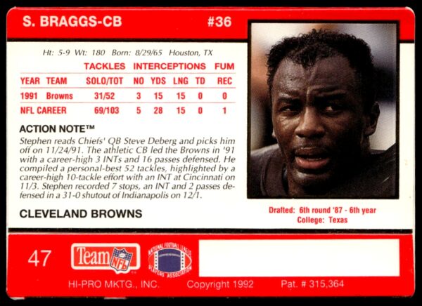 1992 Action Packed Stephen Braggs #47 (Back)