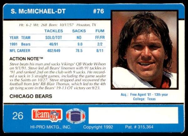 1992 Action Packed Steve McMichael #26 (Back)