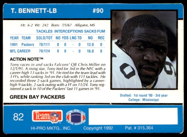 1992 Action Packed Tony Bennett #82 (Back)