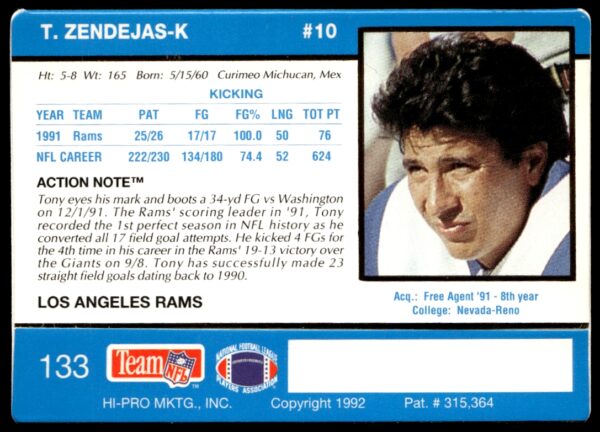 1992 Action Packed Tony Zendejas #133 (Back)