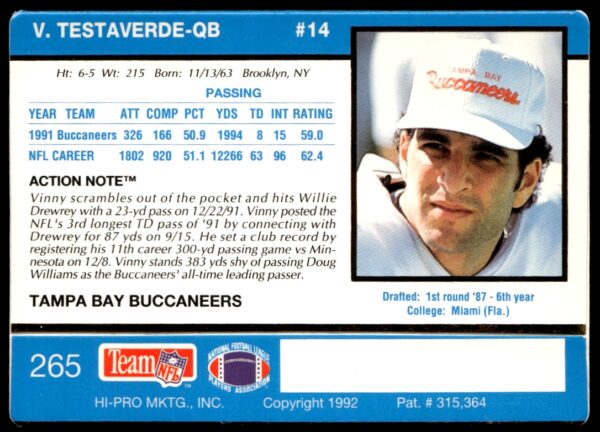 1992 Action Packed Vinny Testaverde #265 (Back)