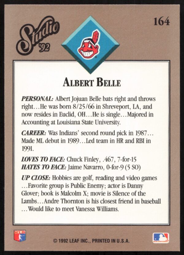 1992 Leaf Studio Albert Belle #164 (Back)