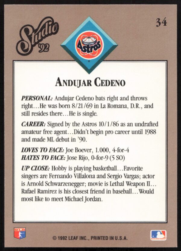 1992 Leaf Studio Andujar Cedeno #34 (Back)