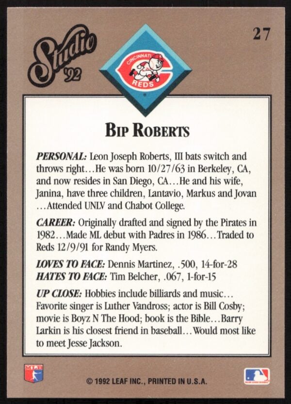 1992 Leaf Studio Bip Roberts #27 (Back)