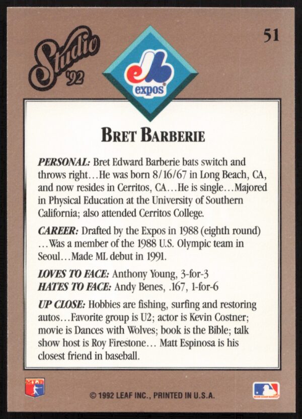 1992 Leaf Studio Bret Barberie #51 (Back)