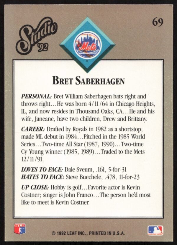 1992 Leaf Studio Bret Saberhagen #69 (Back)