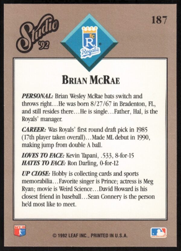 1992 Leaf Studio Brian McRae #187 (Back)