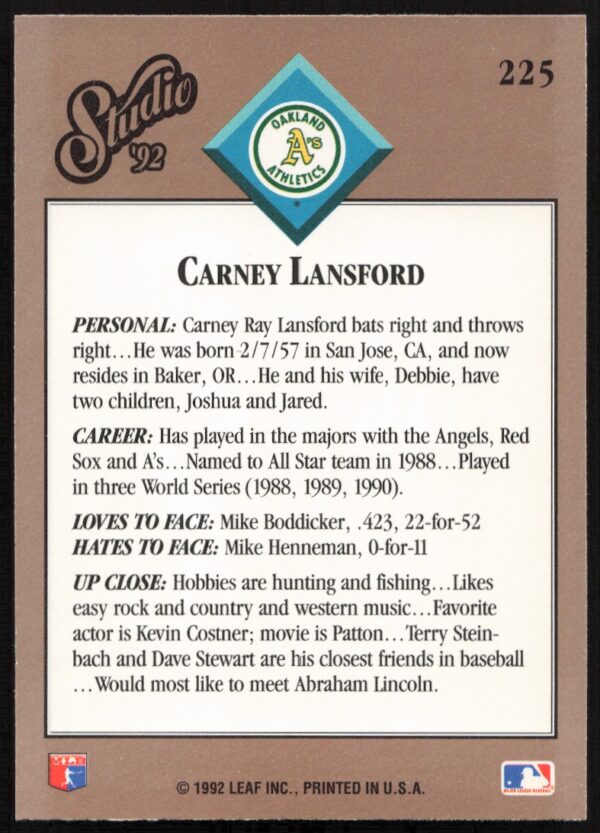 1992 Leaf Studio Carney Lansford #225 (Back)