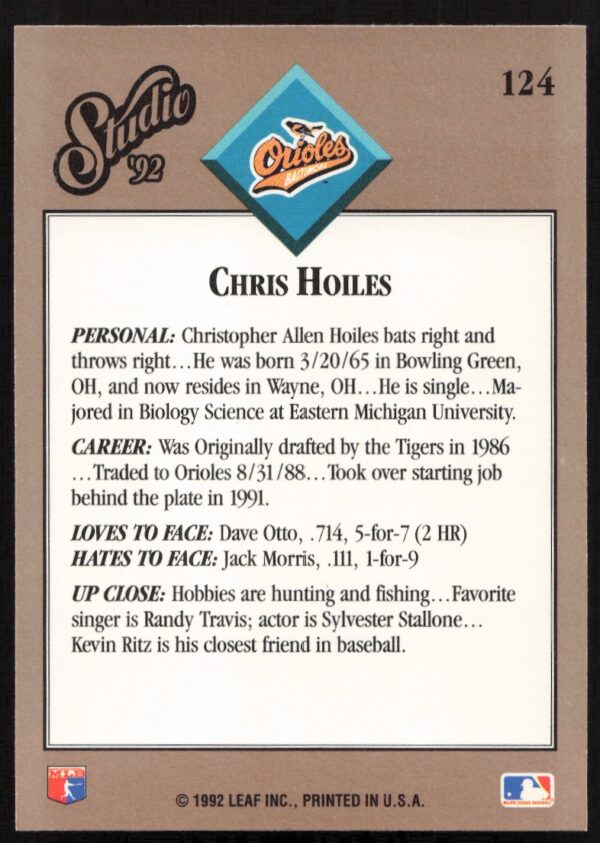 1992 Leaf Studio Chris Hoiles #124 (Back)