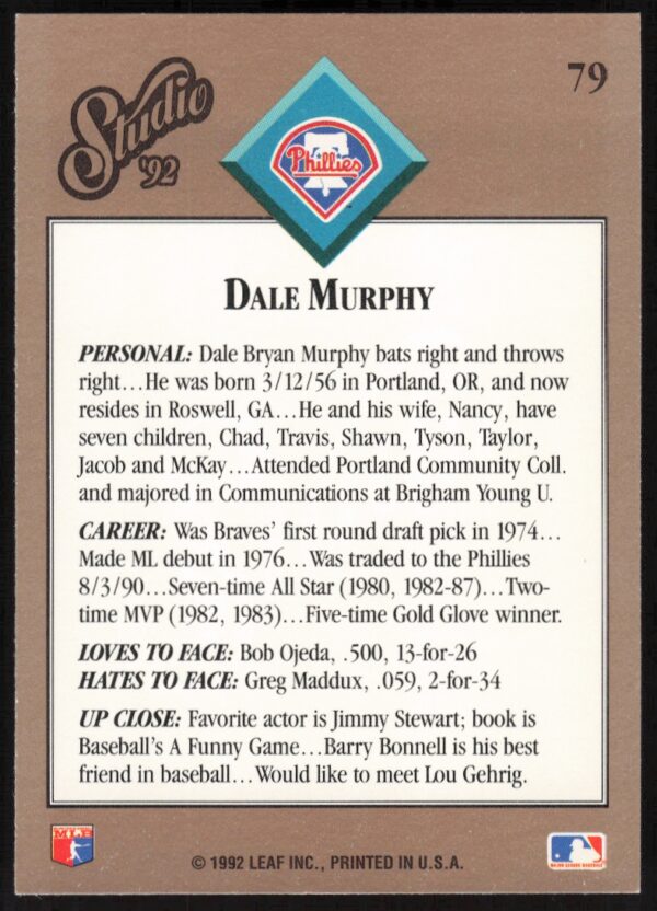 1992 Leaf Studio Dale Murphy #79 (Back)