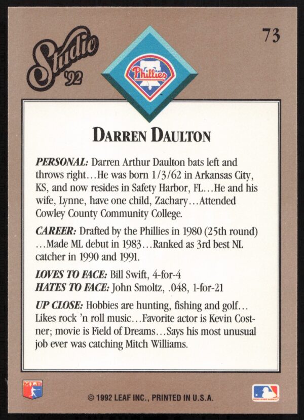 1992 Leaf Studio Darren Daulton #73 (Back)