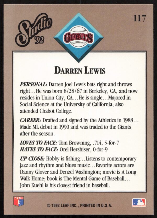 1992 Leaf Studio Darren Lewis #117 (Back)