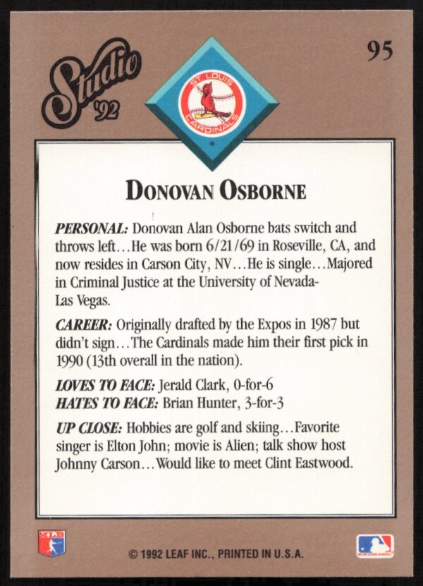 1992 Leaf Studio Donovan Osborne #95 (Back)