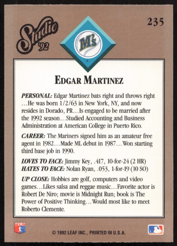 1992 Leaf Studio Edgar Martinez #235 (Back)