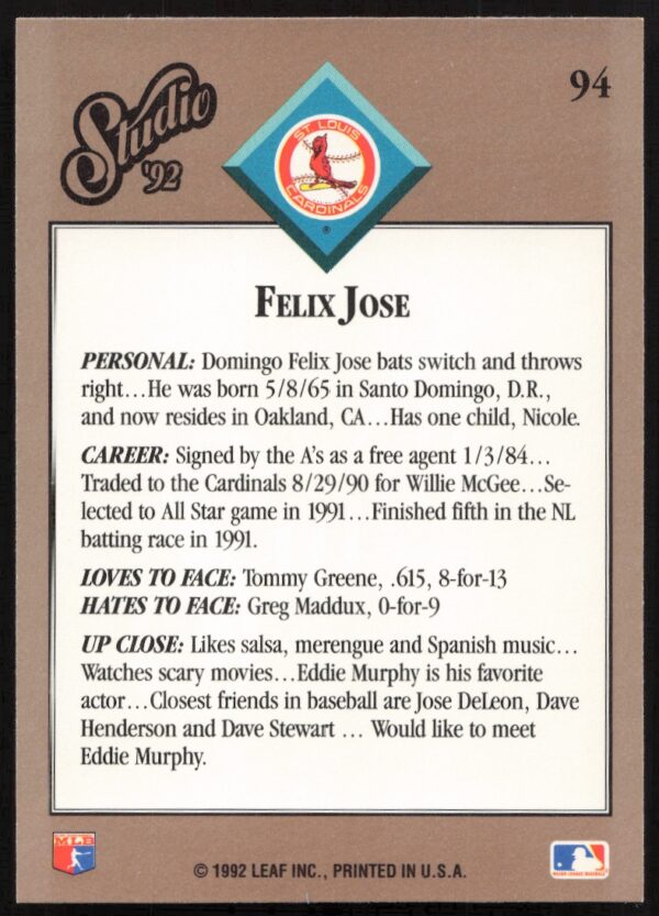 1992 Leaf Studio Felix Jose #94 (Back)