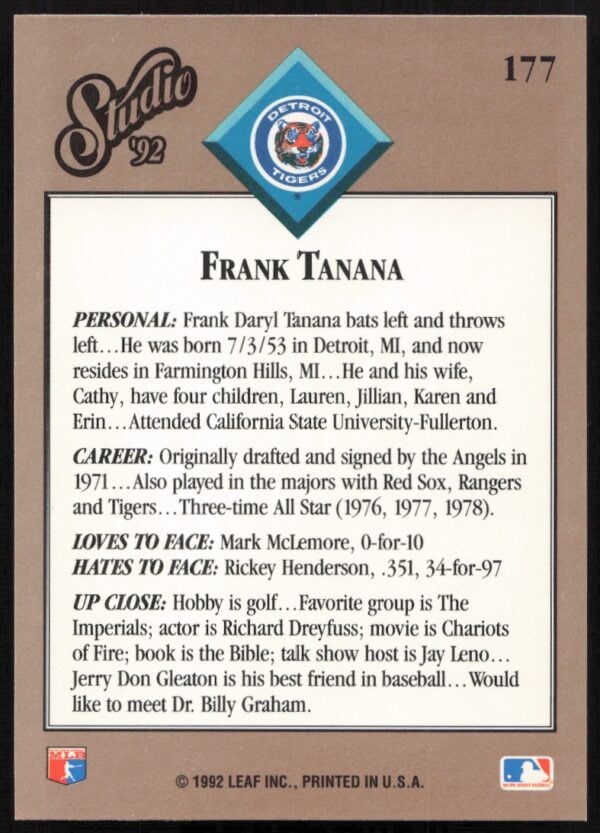 1992 Leaf Studio Frank Tanana #177 (Back)