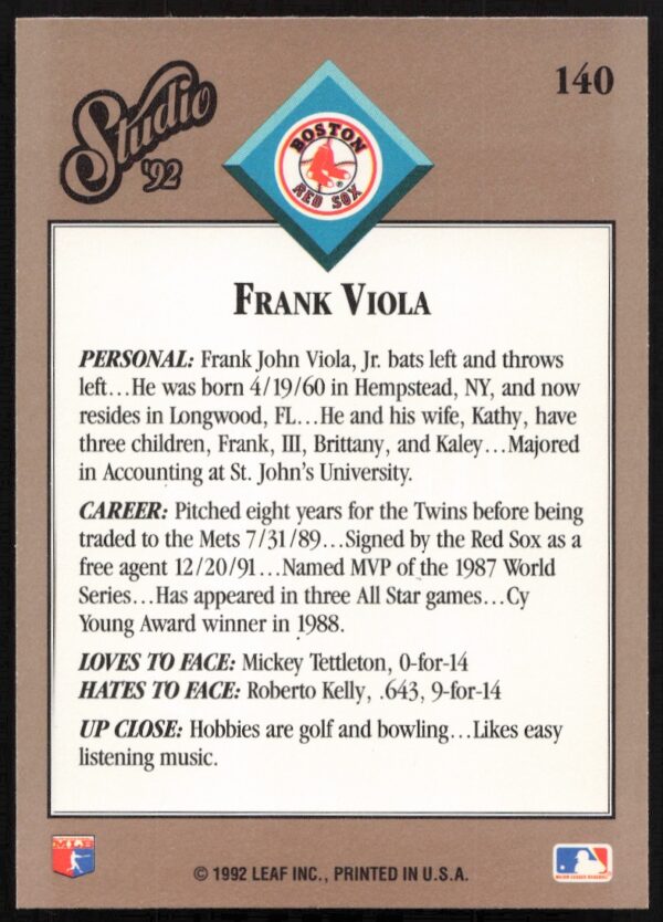 1992 Leaf Studio Frank Viola #140 (Back)