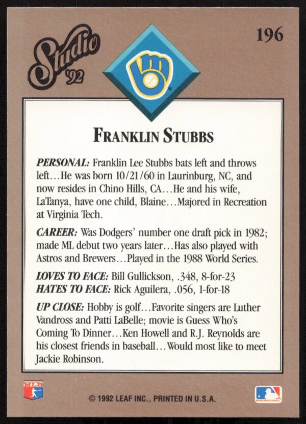 1992 Leaf Studio Franklin Stubbs #196 (Back)