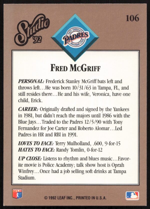 1992 Leaf Studio Fred McGriff #106 (Back)