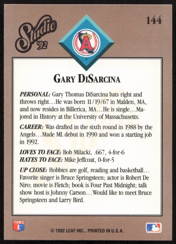 1992 Leaf Studio Gary DiSarcina #144 (Back)