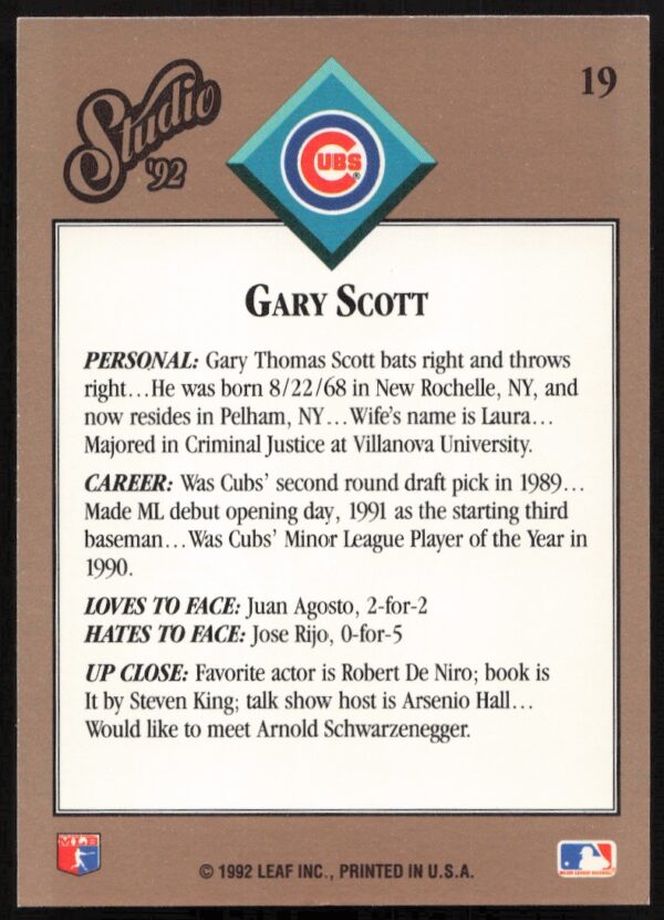 1992 Leaf Studio Gary Scott #19 (Back)
