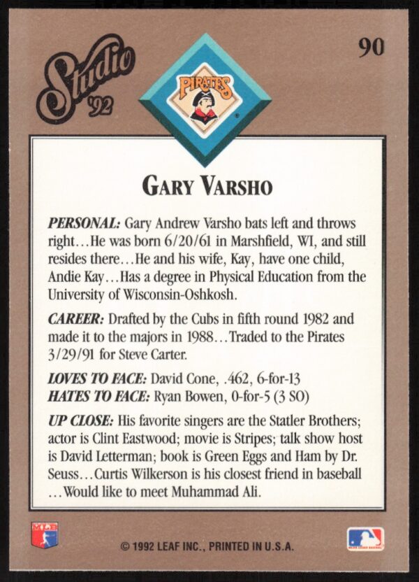 1992 Leaf Studio Gary Varsho #90 (Back)